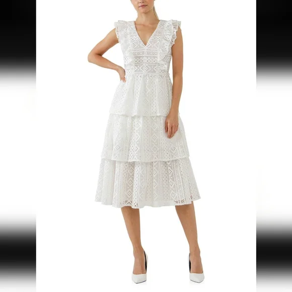 endless rose tiered lace dress Endless Rose Floral Lace Tiered Dress - White